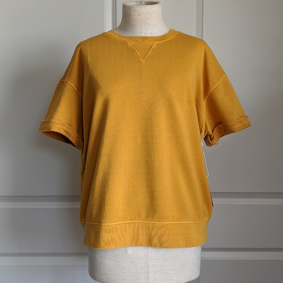 Frame Sweatshirt Short Sleeve Roll Cuffs Crew Pullover Faded Marigold L NWT - Picture 3 of 14